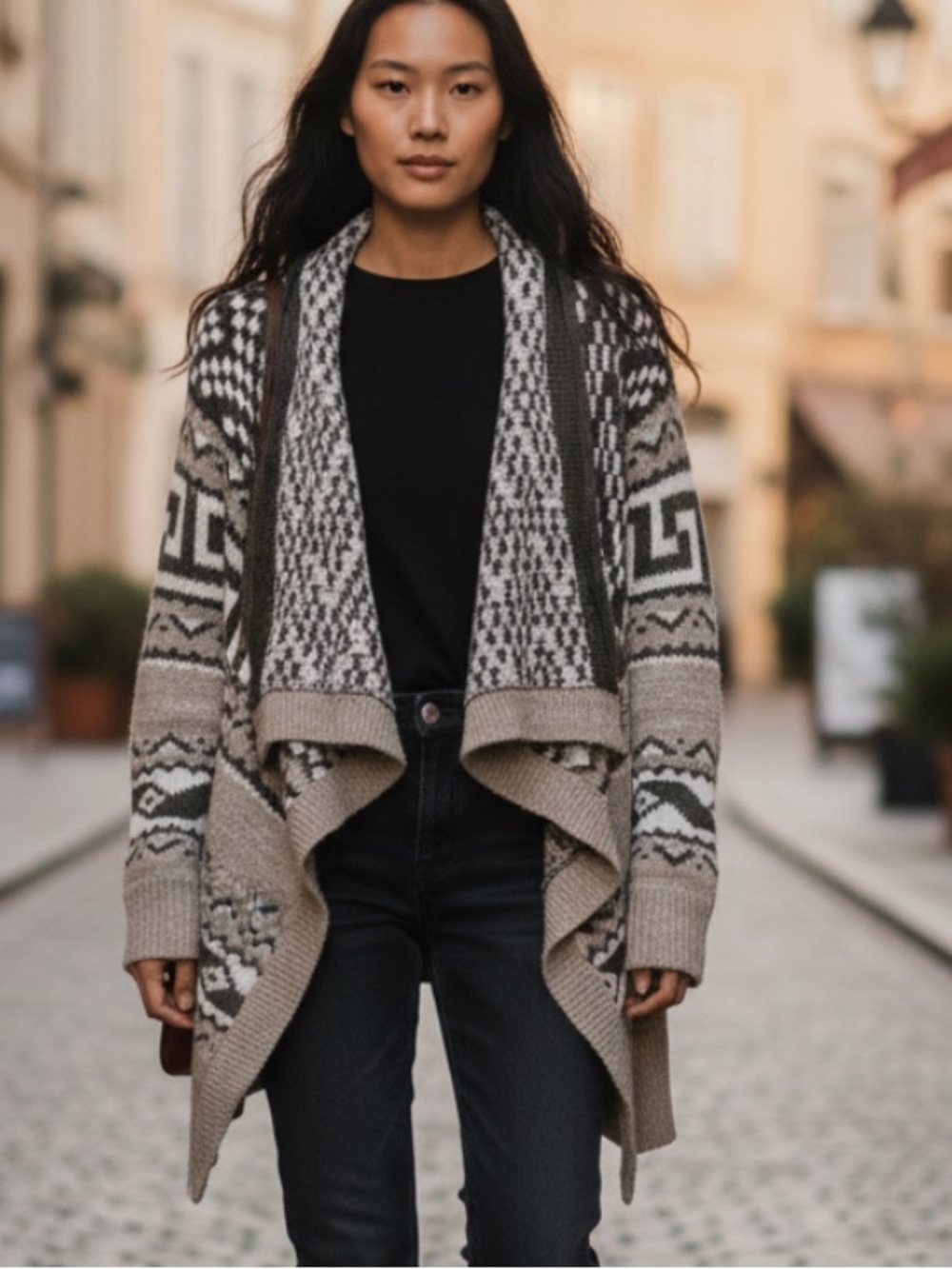 Abercrombie & Fitch Patterned Open-Front Cardigan - Taupe, Olive, Cream